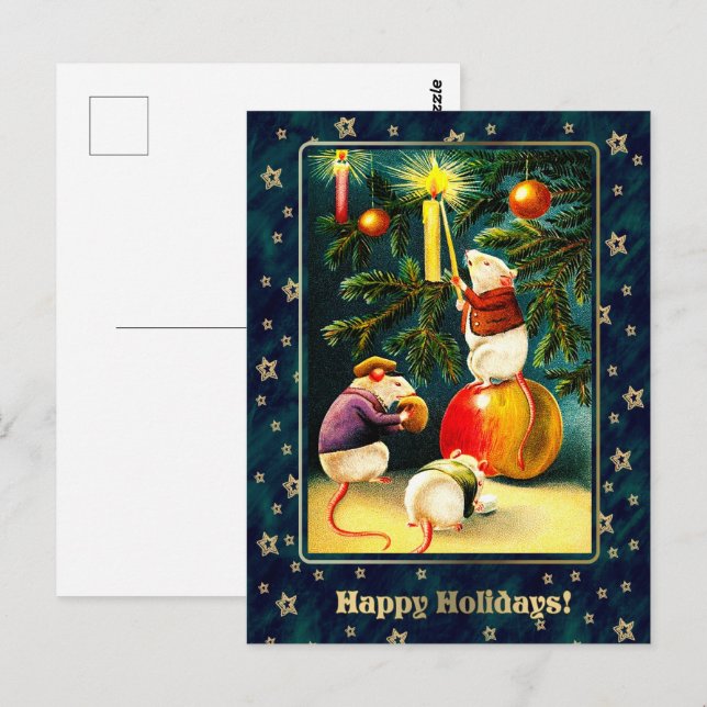 Cartão Postal Feliz Férias. Vintage Funny Mice Natal (Frente/Verso)
