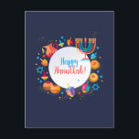 Cartão Postal Feliz Festival Chanucá Menorah Decoração Festiva<br><div class="desc">Feliz Festival de Luzes do Festa de Chanucá Belo Decoração, Luzes Azuis de Férias Judaicas Hanukkah iluminam o fundo com símbolos tradicionais Chanukah - sonhos de madeira (rodando no topo), rosquinhas, menorah, velas, estrela de David e luzes brilhantes padrão festivo de papel de parede. Festa de Crianças Festas de Festas...</div>
