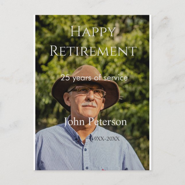 Cartão Postal Feliz foto de aposentadoria nome ano anos de servi (Frente)