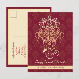 Cartão Postal Feliz Ganesh Chaturthi, texto próprio, burgundy