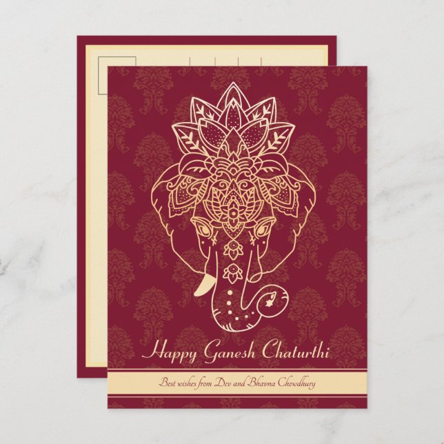 Cartão Postal Feliz Ganesh Chaturthi, texto próprio, burgundy (Frente/Verso)