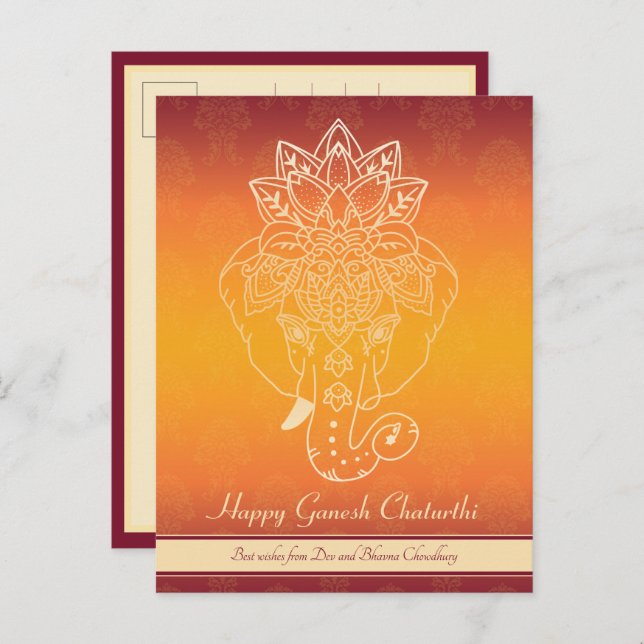 Cartão Postal Feliz Ganesh Chaturthi, texto próprio, marrom grad (Frente/Verso)