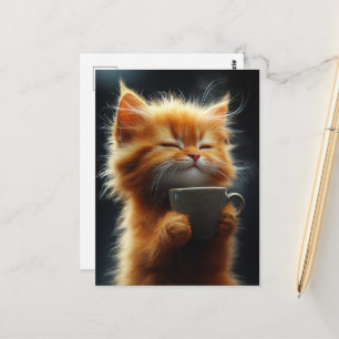 Cartão Postal Feliz Gatinho Ruivo Fofo Com um Café