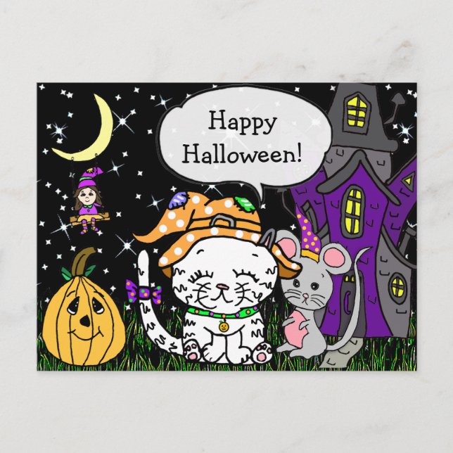 Cartão Postal Feliz Gato Branco de Halloween e Rato de Gato (Frente)