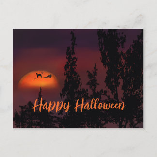 Cartão Postal Feliz Gato de Halloween na vassoura de bruxa
