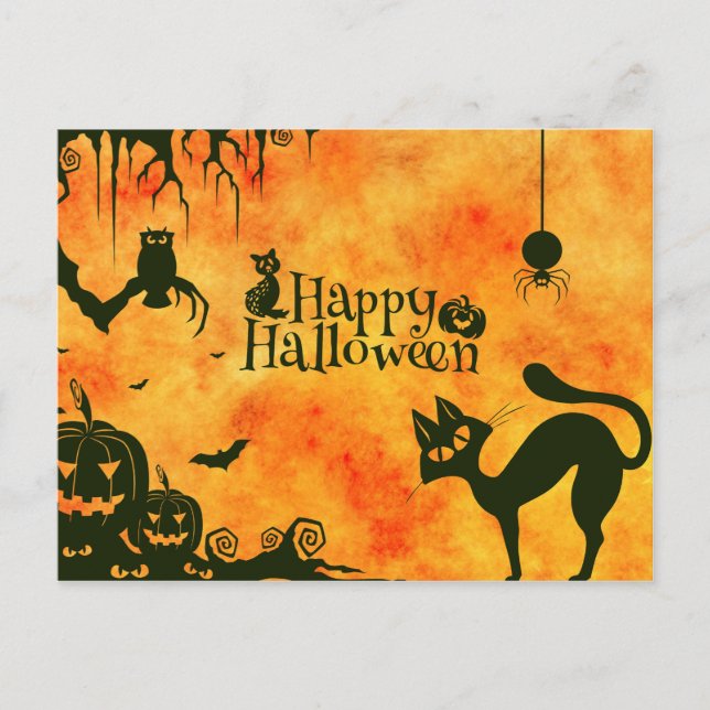 Cartão Postal Feliz Gato Negro de Halloween, coruja, abóboras (Frente)