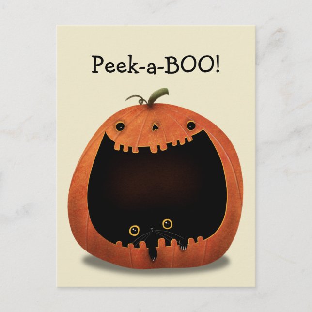 Cartão Postal Feliz Gato Preto de Decoração do Halloween em Abób (Frente)