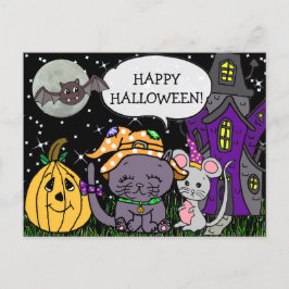 Cartão Postal Feliz Gato Preto de Halloween e Rato Cugado