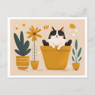 Cartão Postal Feliz Gato Sentado em Pote Flor, Escandinavo