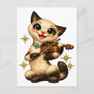 Cartão Postal Feliz Gato Siameses Tocando Violino Retro Meados d