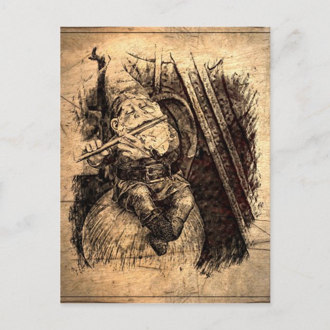 Cartão Postal Feliz Gnomo sentado num Cogumelo tocando flauta. (Frente)