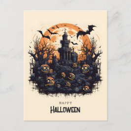 Cartão Postal Feliz Halloween Abóboras assustadoras e morcegos