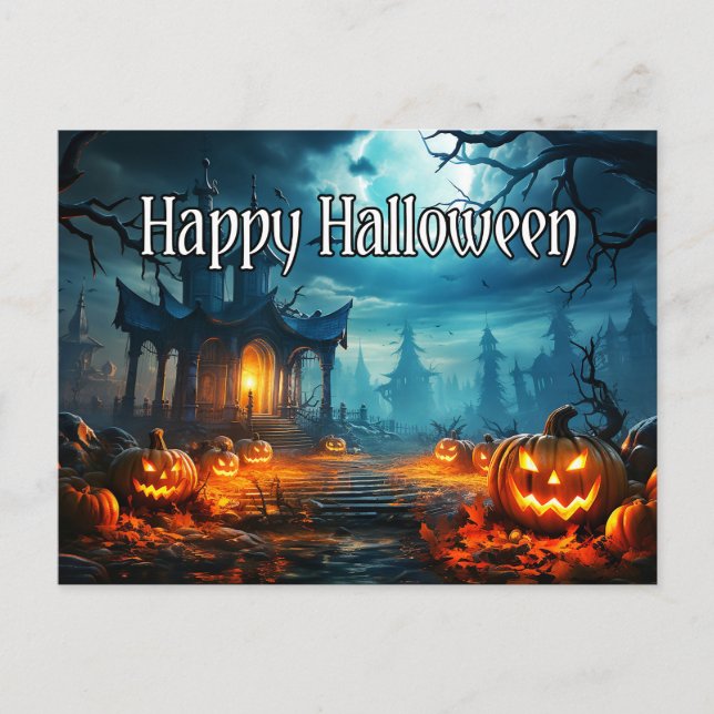 Cartão Postal Feliz Halloween Assombrado Casa e Pumpkins Spooky (Frente)