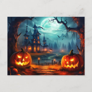 Cartão Postal Feliz Halloween Assombrado Casa e Pumpkins Spooky
