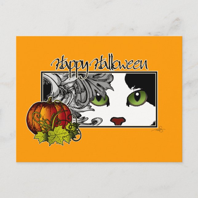 Cartão Postal Feliz Halloween Black 'n White Cat (Frente)