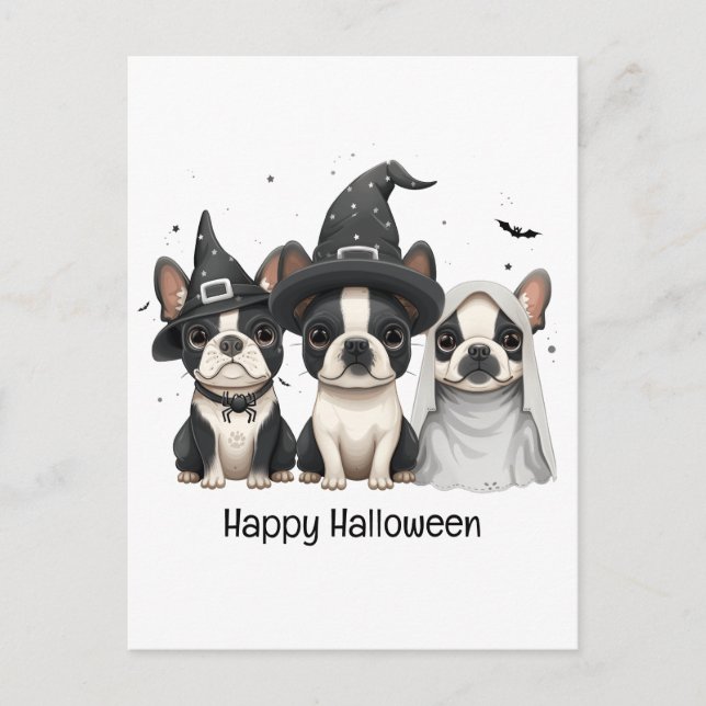 Cartão Postal Feliz Halloween Boston Terrier Dogs (Frente)