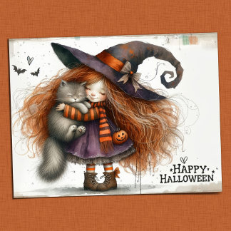 Cartão Postal Feliz Halloween - Bruxa Bonita e Gato Negro
