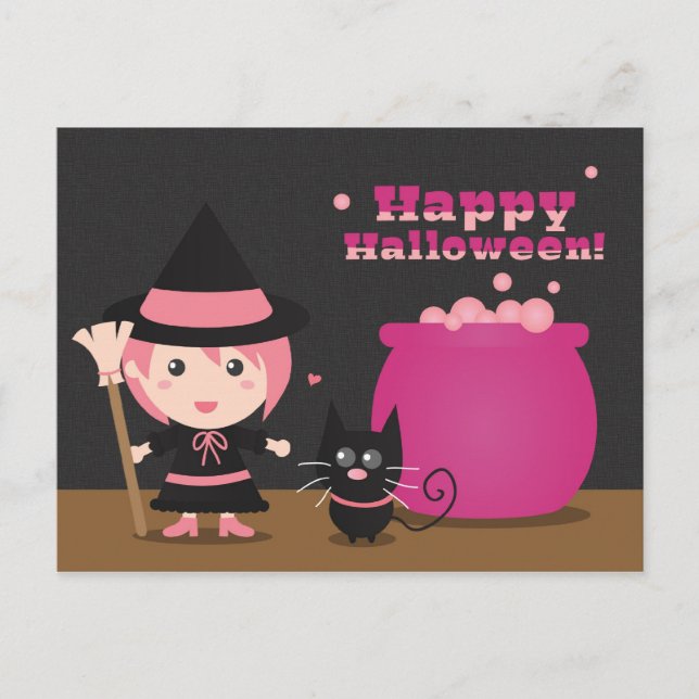 Cartão Postal Feliz Halloween, Bruxa Rosa Bonita e Gato Negro (Frente)