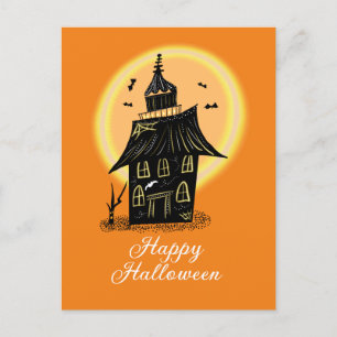 Cartão Postal Feliz Halloween Casa Assombrada Preto Laranja