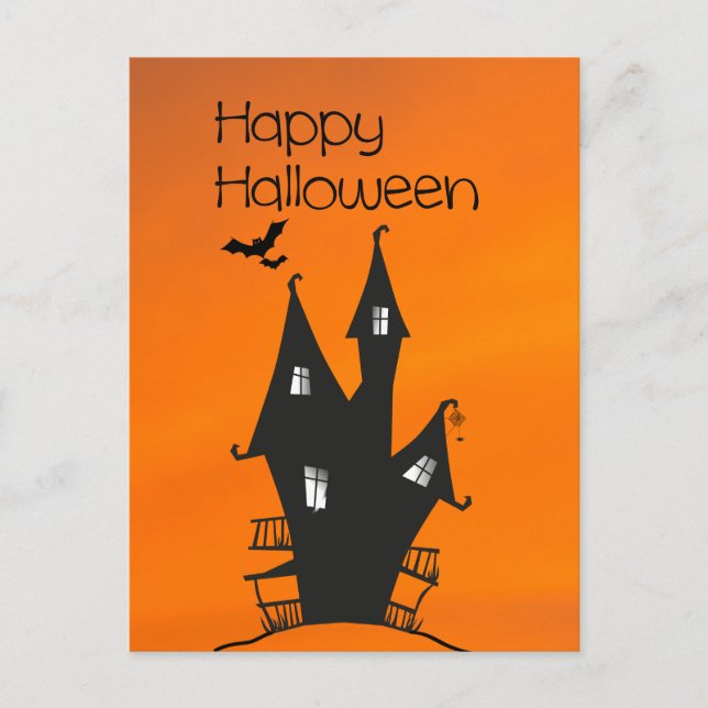Cartão Postal Feliz Halloween com uma Casa de Bruxas Assombradas (Frente)