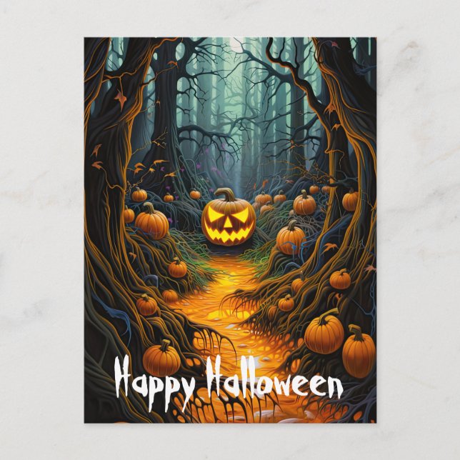 Cartão Postal Feliz Halloween Creepy Jack o Lantern Pumpkins (Frente)