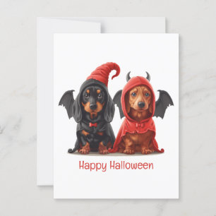 Cartão Postal Feliz Halloween Dachshund Dogs Devil Bat