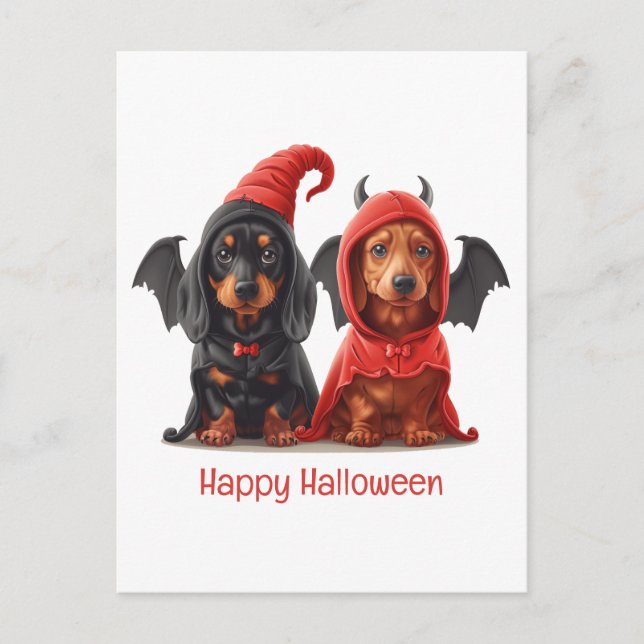 Cartão Postal Feliz Halloween Dachshund Dogs Devil Bat (Frente)