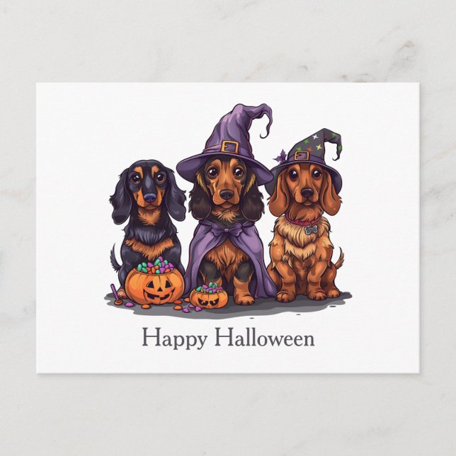 Cartão Postal Feliz Halloween Dachshund Witch Dogs (Frente)