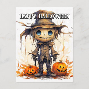 Cartão Postal Feliz Halloween Espantalho de boneca de trapo fo