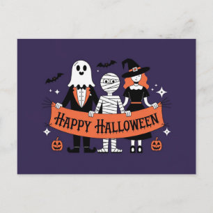 Cartão Postal Feliz Halloween Fantasminha, Múmia e Bruxa