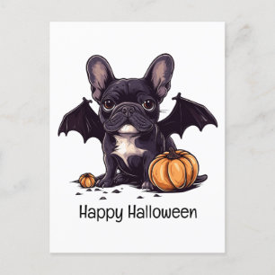 Cartão Postal Feliz Halloween Francês Buldogue Wings Pumpkins