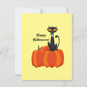 Cartão Postal Feliz Halloween, gato preto/abóbora,