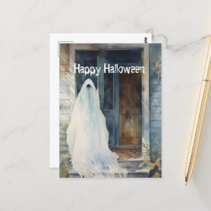 Cartão Postal Feliz Halloween Ghost entrando na casa