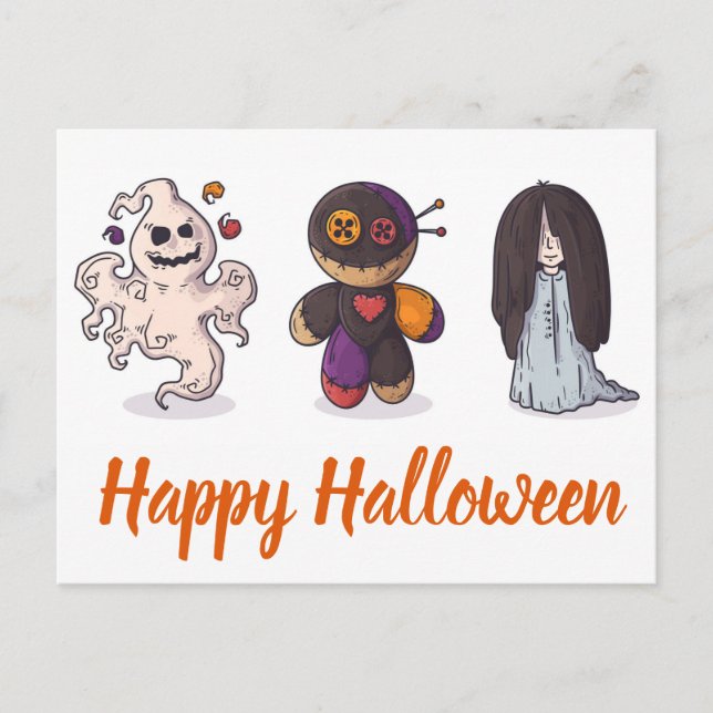 Cartão Postal Feliz Halloween Ghost Voodoo Doll and Girl (Frente)
