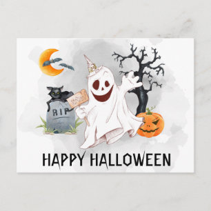 Cartão Postal Feliz Halloween Ghost Watercolor