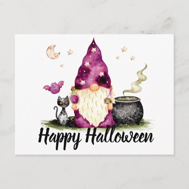 Cartão Postal Feliz Halloween Gnomo Wizard (Frente)