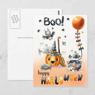 Cartão Postal Feliz Halloween. Jack O'Lantern Divertido e Pequen