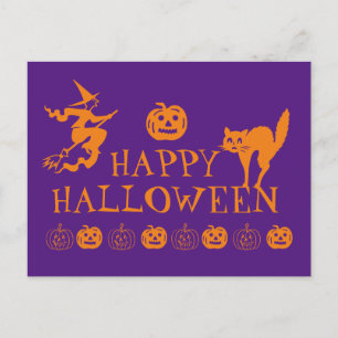 Cartão Postal Feliz Halloween laranja roxo assustador