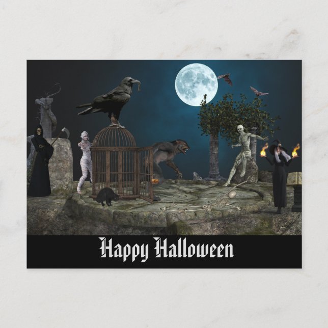 Cartão Postal Feliz Halloween Monstro Cena Werewolf Zombie (Frente)
