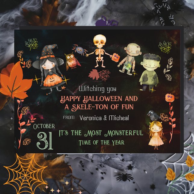 Cartão Postal Feliz Halloween Monstros Bonitos (Happy Halloween Cute Monsters Postcard)
