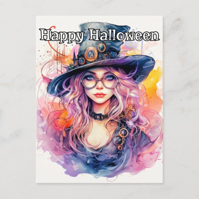 Cartão Postal Feliz Halloween - Nerdy Witch Illustration (Frente)