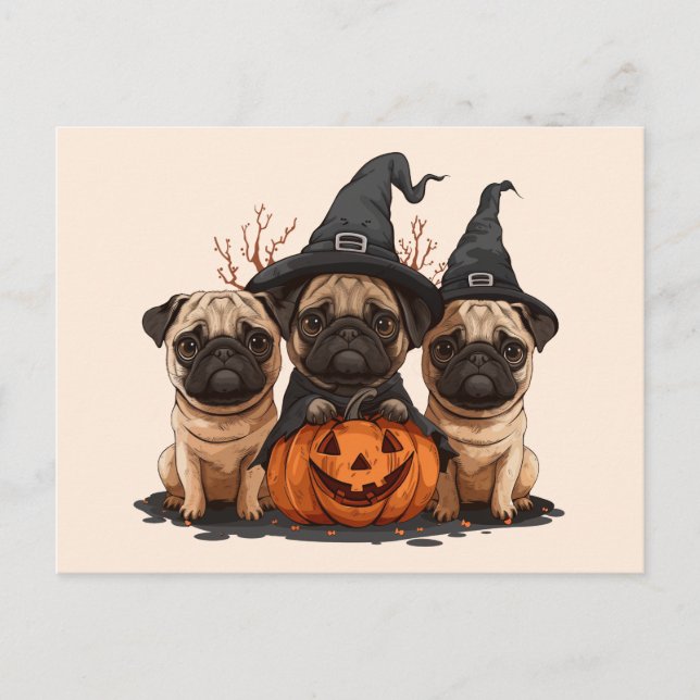 Cartão Postal Feliz Halloween Pugs Jack O Lanternas (Frente)