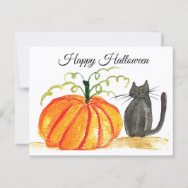 Cartão Postal Feliz Halloween Pumpkin Negro Gato Laranja