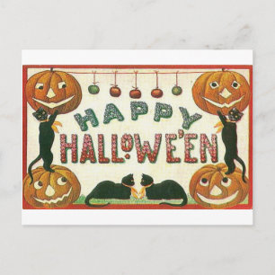 Cartão Postal Feliz Halloween Pumpkins e Gatos