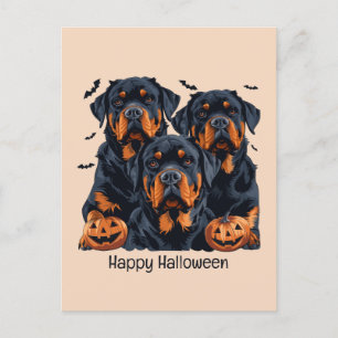 Cartão Postal Feliz Halloween Rottweiler Cães Jack O Lanterna