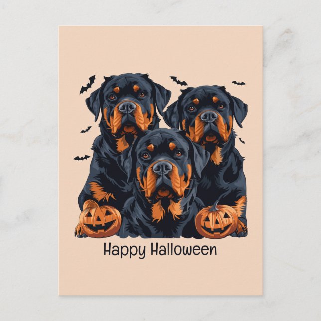 Cartão Postal Feliz Halloween Rottweiler Cães Jack O Lanterna (Frente)