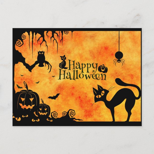Cartão Postal Feliz Halloween Silhouette Black Cat e Amigos (Frente)