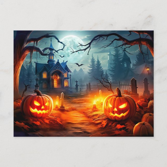 Cartão Postal Feliz Halloween Sinister Haunister House & Pumpkin (Frente)