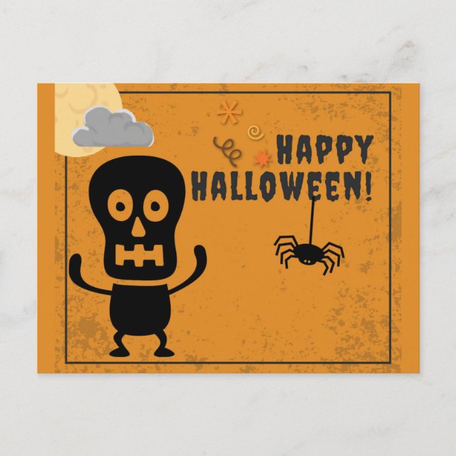 Cartão Postal Feliz Halloween Spookey Skeleton Spider (Frente)