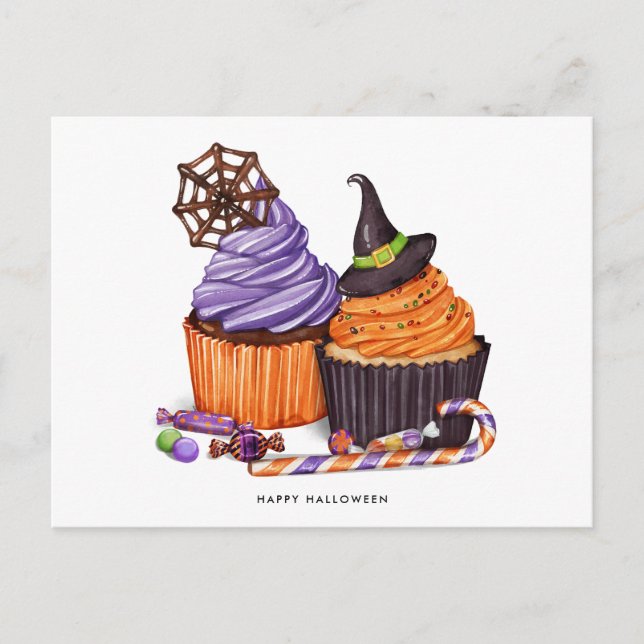 Cartão Postal Feliz Halloween Spooky, Cupcake doce (Frente)